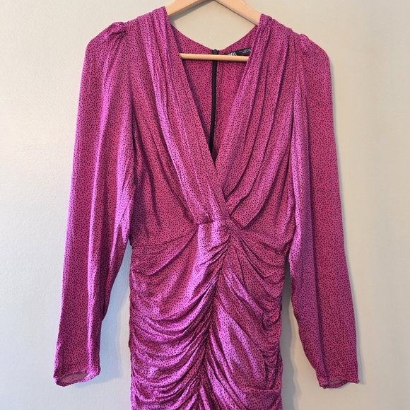 Zara Women's Ruched Satin Effect Print Wrap Dress Fuchsia Pink Size Small - Picture 9 of 15